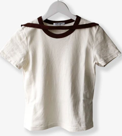 TRIMMED DOUBLE-NECK TEE OFF WHITE/ BROWN