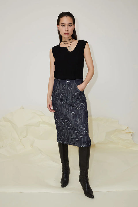 CONSTANCE MIDI SKIRT DARK BLUE PRINT