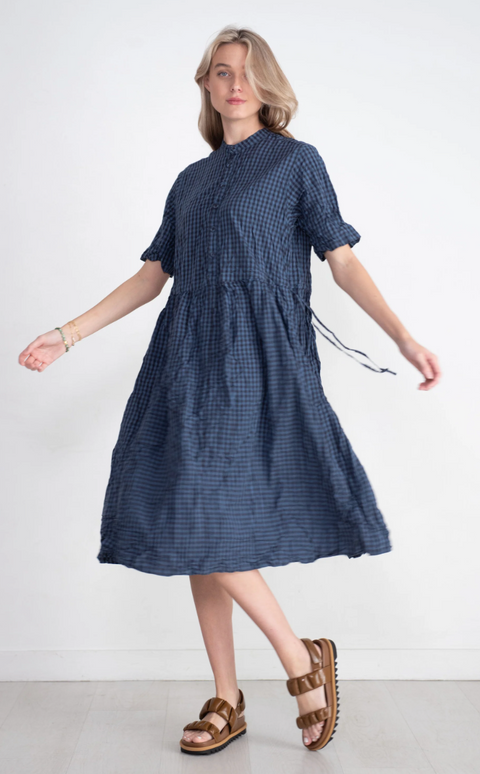 Gingham Check Short Sleeve Dress  Blue 35