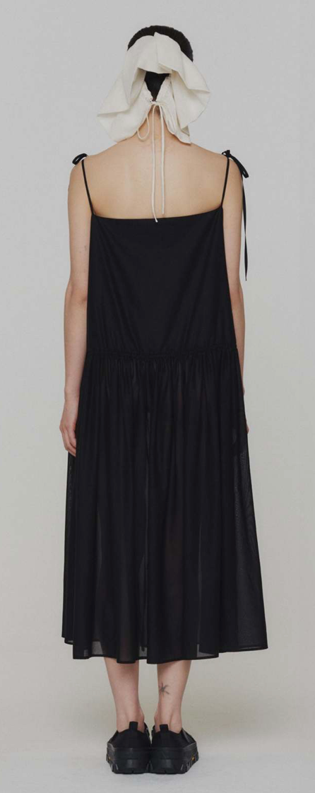 SHEER SHIRRING LONG DRESS  BLACK