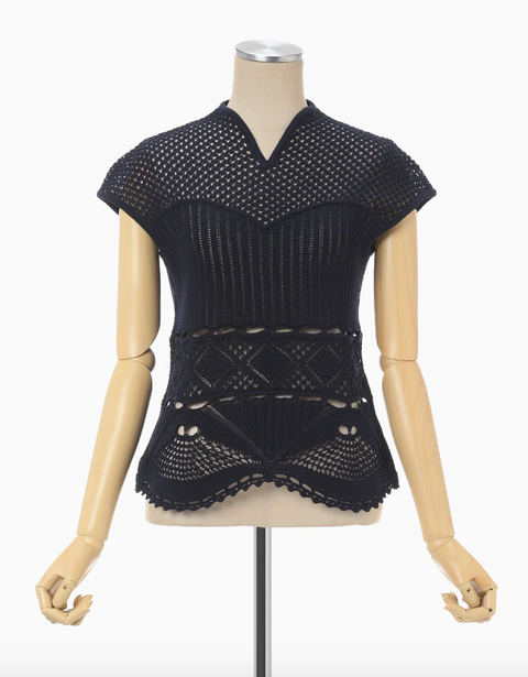 Navy Cotton Lace Sleeveless Knitted Top