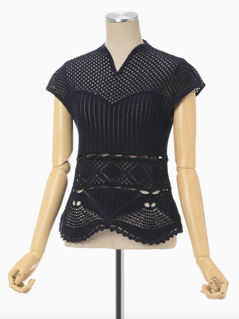 Navy Cotton Lace Sleeveless Knitted Top