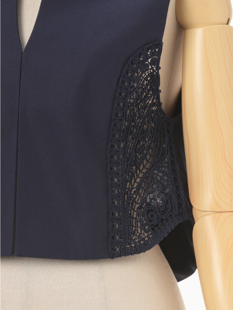 Navy Cording Embroidery Detail Cotton Vest