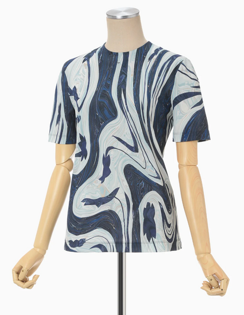 Blue Marble Print Jersey Crew Neck Top