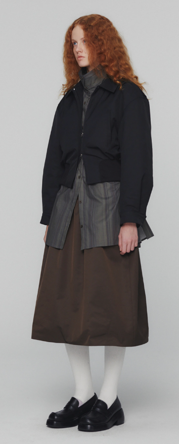 BROWN NYLON SHIRRING FLARE SKIRT