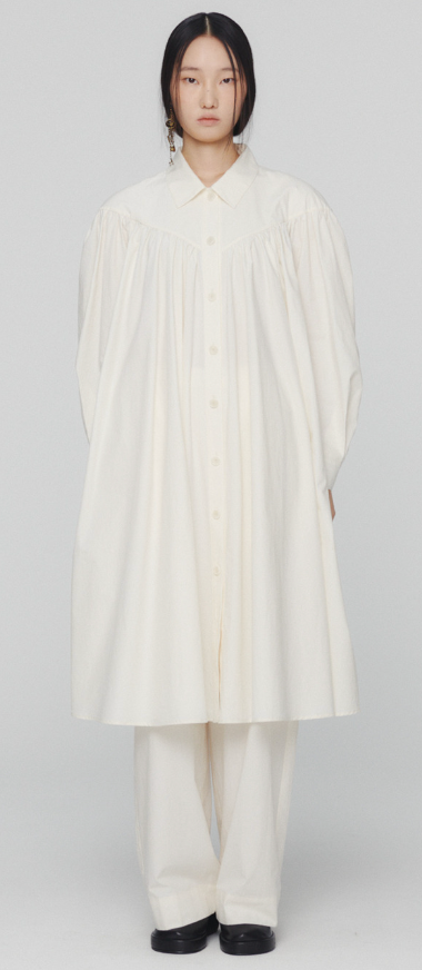 ECRU YOKE SHIRRING DRESS