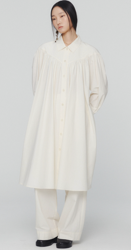 ECRU YOKE SHIRRING DRESS