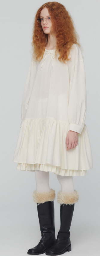 IVORY SHEER NECK FRILL DRESS