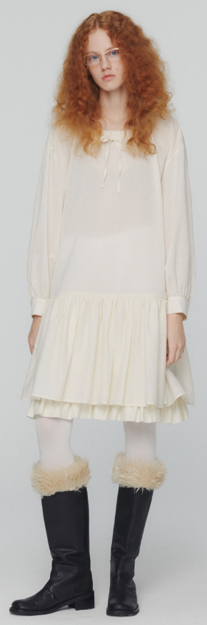 IVORY SHEER NECK FRILL DRESS